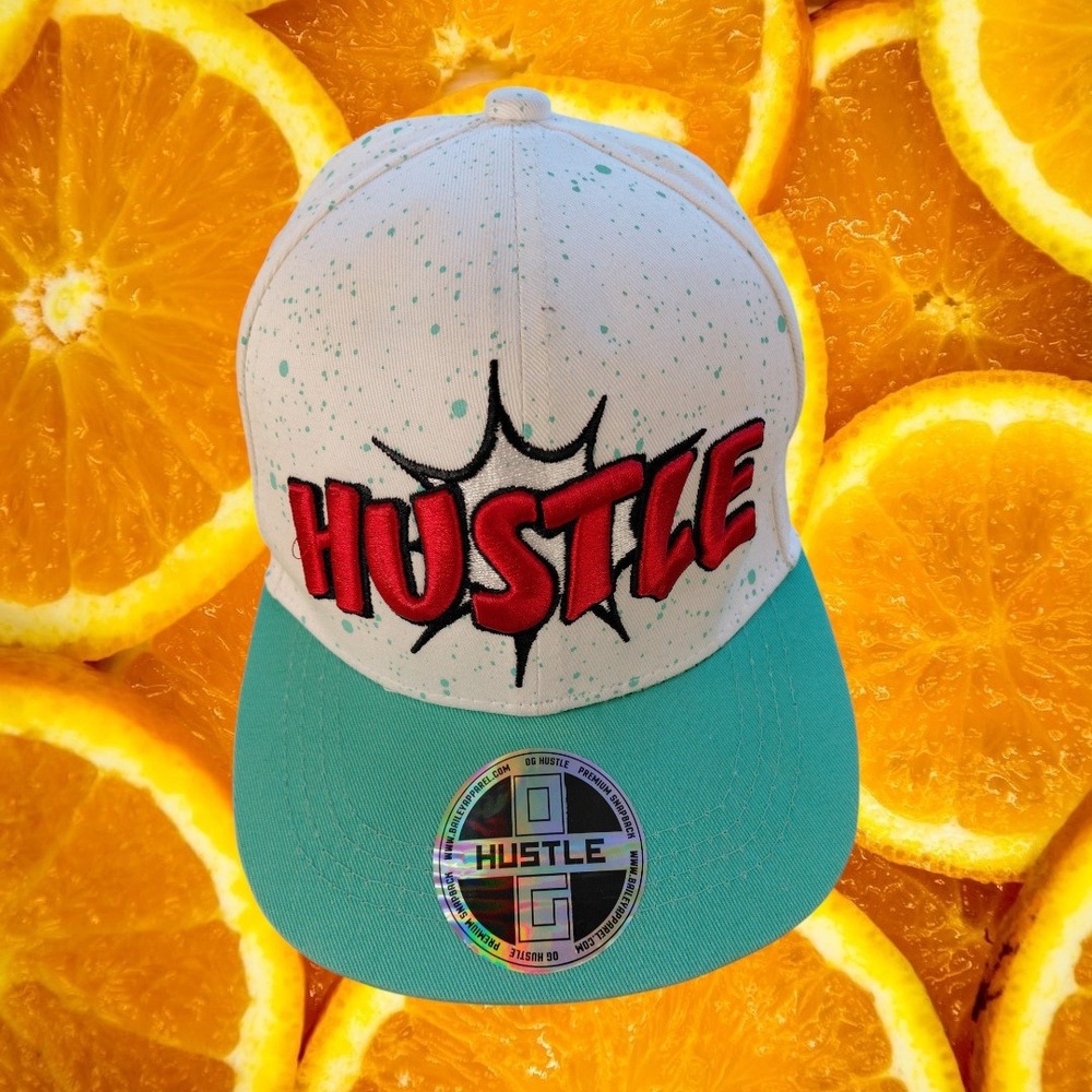 OG Hustle Snapback Hat White Teal Paint Splatter Red 3D Comic Graphic